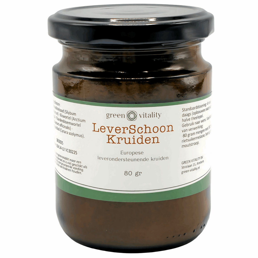 Green Vitality Europese kruiden voor de lever 80 gram in een glazen potje